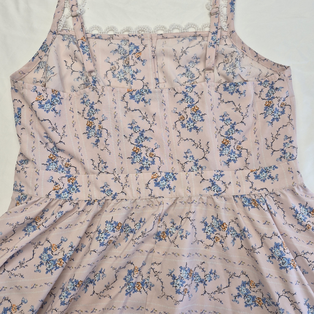 Unique vintage Light Pink Floral Pattern Swing Dress Style Crochet Trim Size L - Picture 7 of 12
